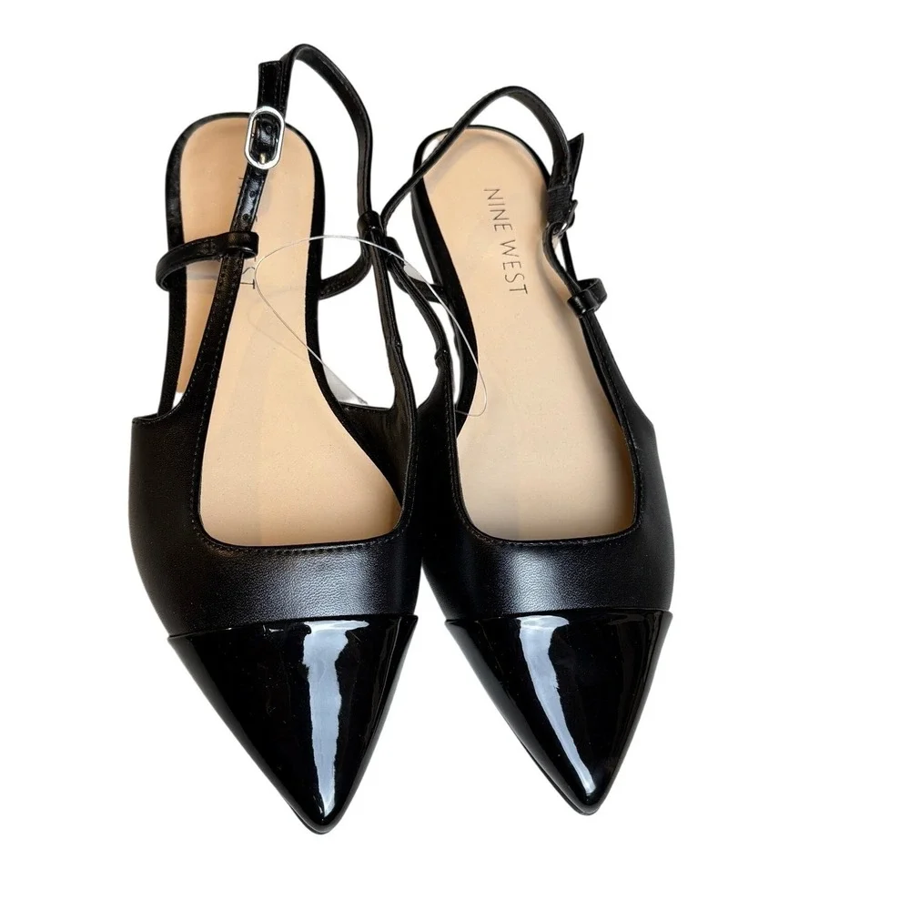 Nine West Women Cap Toe Patent Slingback Flats 7M Black Pointed Toe Classic Chic - Picture 6 of 7